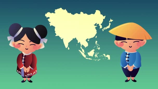 kobieta kultury azjatyckiej i rolnik z animacją map - Materiał filmowy, wideo