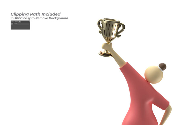 Vrouw stripfiguren met Trophy Cup Pen Tool Created Clipping Path Inbegrepen in JPEG Gemakkelijk samen te stellen. - Foto, afbeelding