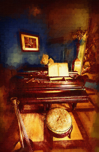 piano à queue noir dans chambre classique blanche, intérieur, vieux, médiéval vieille histoire art illustration rétro vintage antique croquis - Photo, image