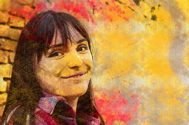 Πολύχρωμο πορτρέτο μιας χαρούμενης χαμογελαστής νεαρής γυναίκας με χαλαρά σκούρα μαλλιά. Χαρούμενη θετική γυναίκα με όμορφα μεγάλα μάτια. Ψηφιακός πίνακας υδατογραφίας. Ψηφιακή τέχνη. - Φωτογραφία, εικόνα