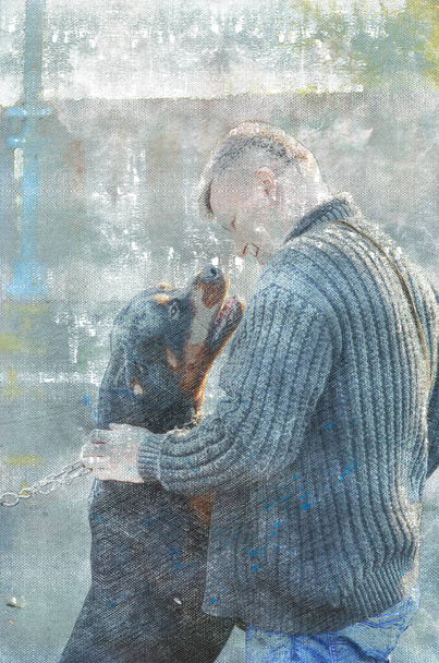 Rencontre d'un homme et d'un chien après une longue séparation. Un homme adulte et un Rottweiler face à face. L'animal se tient sur ses pattes arrière et tend la main pour lécher le visage de l'homme. Peinture numérique, art - Photo, image