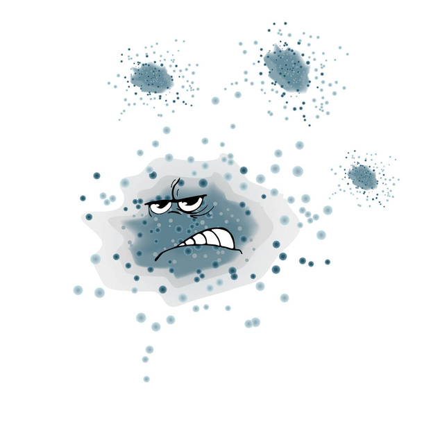 Wütend böser Schimmel isoliert auf weißem Hintergrund. Bakterien, Mikroben, Keime, Schimmel und Viren sind Comicfiguren mit lustigen Gesichtern. Krankheitserregende Mikroben, Bakterien und Coronaviren mit Augen und Zähnen. Illustration eines Aktienvektors - Vektor, Bild