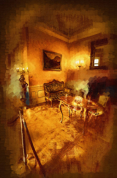 Luksusowy wystrój wnętrz salon i kominek w pięknym pałacu, wnętrze, stare, średniowieczne stare dzieje sztuka ilustracja retro vintage antyczny skecz - Zdjęcie, obraz