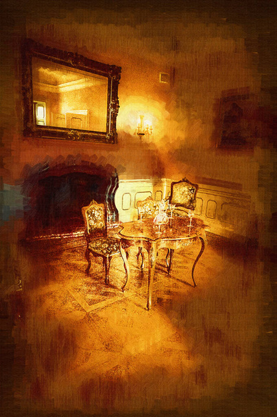 Lujosa sala de estar de diseño interior y chimenea en un hermoso palacio, interior, viejo, medieval antigua historia arte ilustración retro vintage antiguo boceto - Foto, Imagen