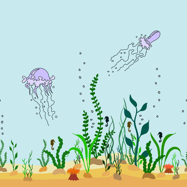 海草、クラゲ、泡と漫画の海底のベクトルシームレスな装飾の境界 - ベクター画像