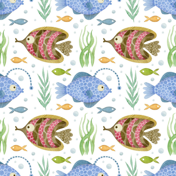 Cute watercolor seamless pattern, cartoon underwater ocean, sea animals on a white background, fish. - Photo, image
