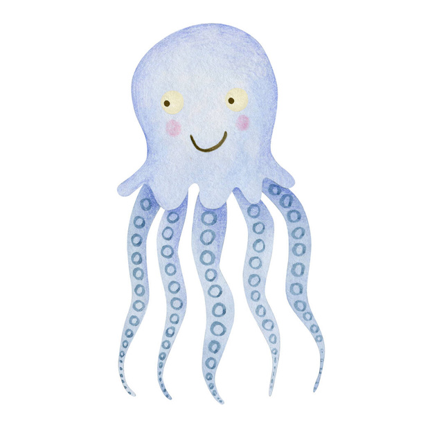 Cute watercolor cartoon octopus isolated on white background. - Фото, зображення