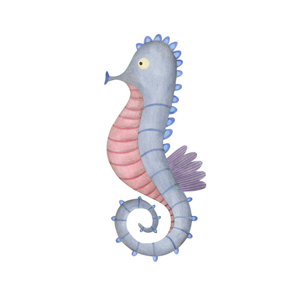 Cute watercolor cartoon seahorse isolated on white background. - Φωτογραφία, εικόνα