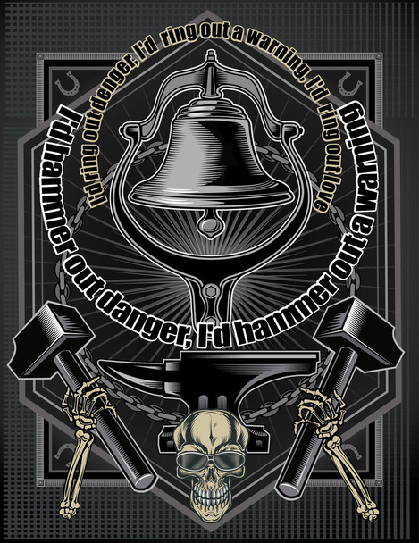 Bell and Hammer. Old Skull - Vector, Image