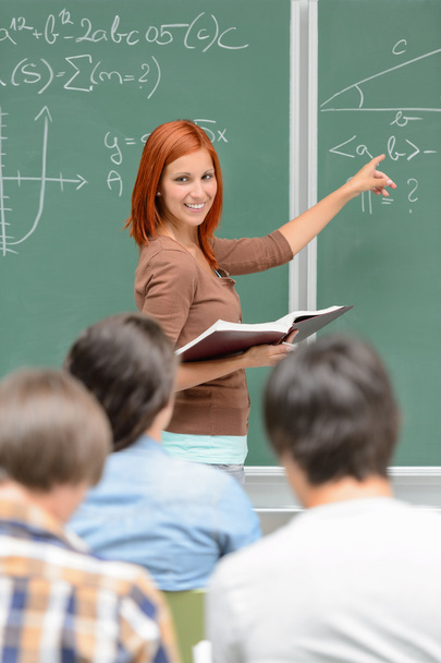 Mathematics student girl pointing on chalkboard  - 写真・画像