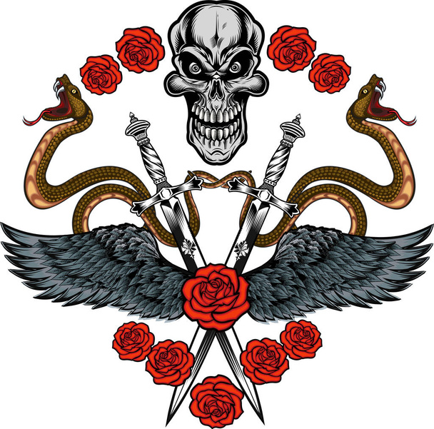 απεικόνιση ανθρώπινο κρανίο του θανάτου με τριαντάφυλλα και φτερά - Διάνυσμα, εικόνα