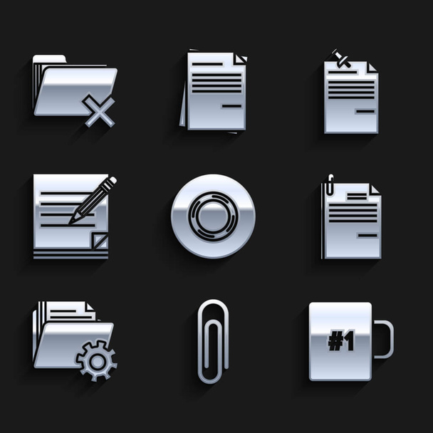 Set Scotch, Paper clip, Coffee cup, File document and paper, Folder settings with gears, Blank notebook pencil eraser, Note pinned pushbutton and Delete folder icon. Vector - Vector, Image