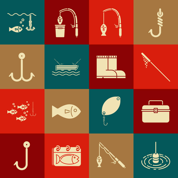 Set Fishing float in water, Case or box container for wobbler and gear fishing equipment, net, rod, boat with, hook, under and boots icon. Vector - Vector, Image