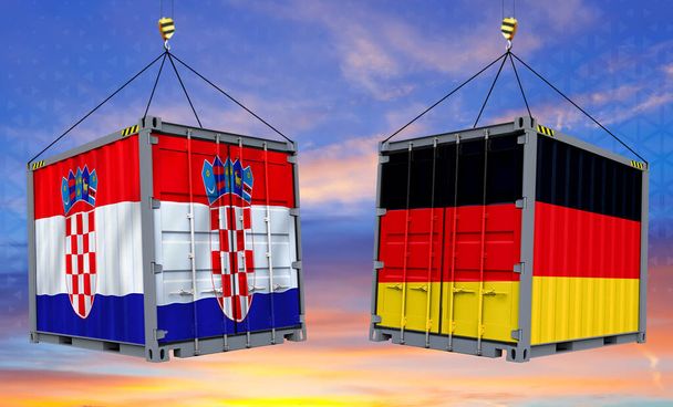 Saksan ja Kroatian väliset kauppavaihdot. Saksa ja Kroatia liput. Kontit, pilvinen taivas tausta, banneri. 3d kuva - Valokuva, kuva