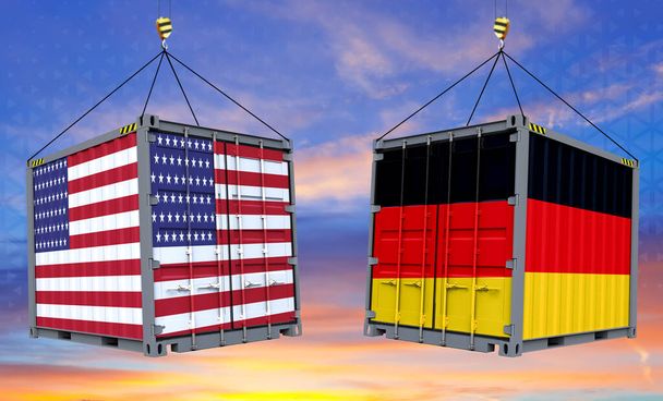 Scambi commerciali tra Germania e Stati Uniti. Bandiere Germania e Stati Uniti. Su contenitori, sfondo cielo nuvoloso, banner. Illustrazione 3d - Foto, immagini