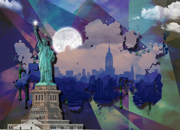 Liberty statue and Manhattan view. 3D rendering - Fotoğraf, Görsel