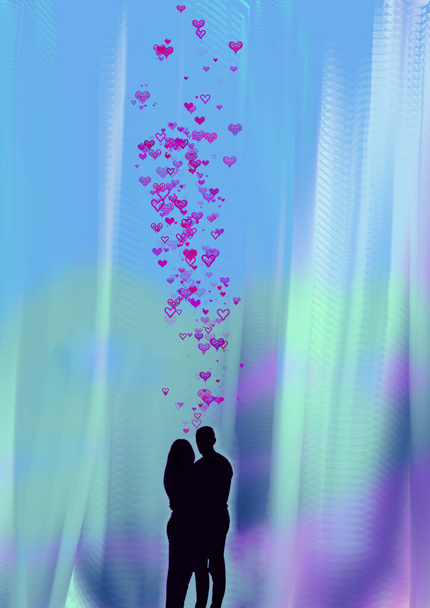 З днем святого Валентина. Романтичний силует люблячої пари з рожевими серцями. Приклад вектора - Фото, зображення
