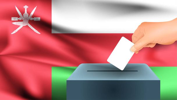 Oman vlag, mannelijke hand stemmen met Oman vlag concept achtergrond - Vector, afbeelding