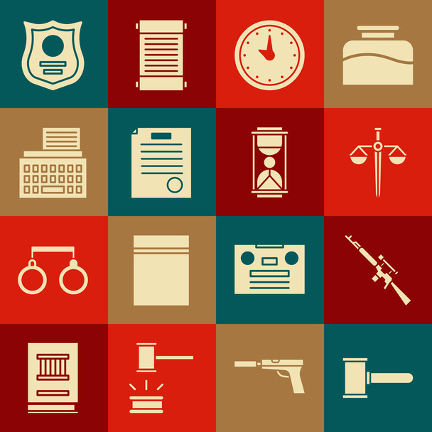 Set Judge gavel, Sniper rifle with scope, Scales of justice, Clock, The arrest warrant, Retro typewriter, Police badge and Old hourglass sand icon. Vector - Vector, Image