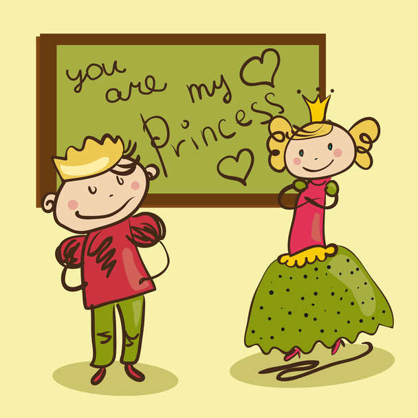 cheerful Prince wrote a love letter to his princess on blackboar - Vector, Image