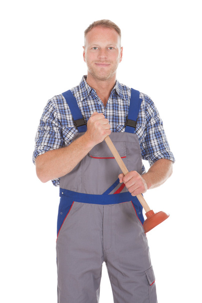 Male Plumber Holding Plunger - Foto, afbeelding
