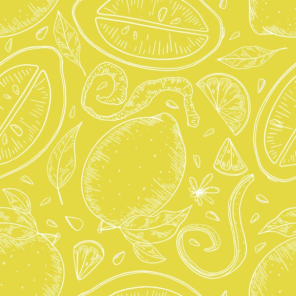 Lemon fruit hand drawn seamless pattern with white outlines on yellow background for textile, print, background, highlights. Vector illustration - Vektor, kép