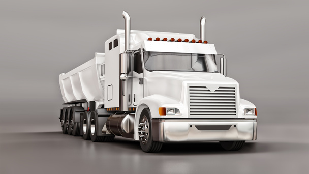 Большой белый американский грузовик с прицепом типа самосвал для перевозки сыпучих грузов на сером фоне. 3d иллюстрация - Фото, изображение