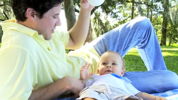 Jeune père caucasien assis sur la couverture avec bébé fils à l'extérieur
 - Séquence, vidéo