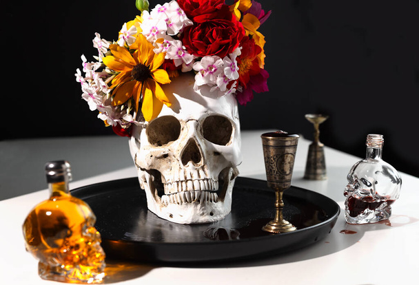 Skull with flowers wreath. Concept of Day of the dead, Dia De Los Muertos. Halloween Celebration Decor. - Foto, imagen