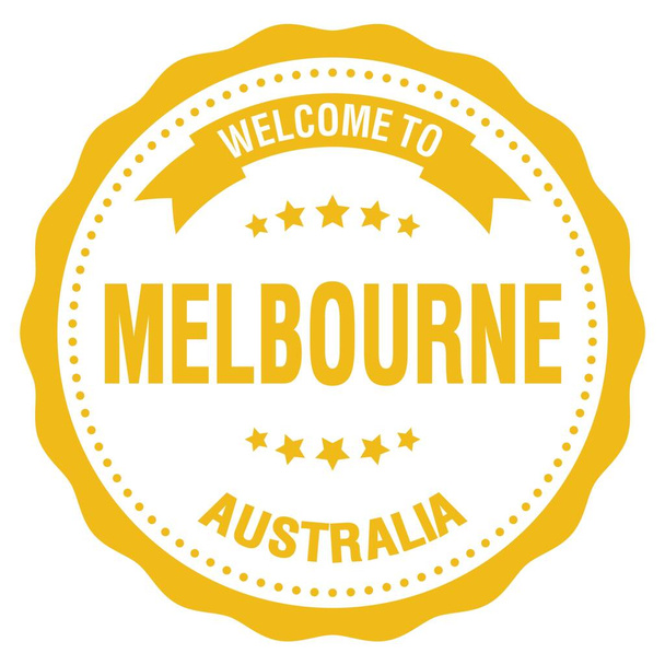 WELCOME TO MELBOURNE - AUSTRALIA, words written on yellow round badge stamp - Valokuva, kuva