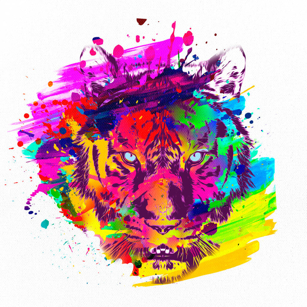 kleurrijke artistieke tijger muilkorf met heldere verf splatters op witte achtergrond. - Foto, afbeelding