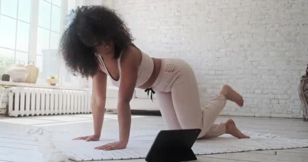 Giovane donna felice razza mista praticare yoga online tramite video lezioni e tutorial a casa boho. - Filmati, video