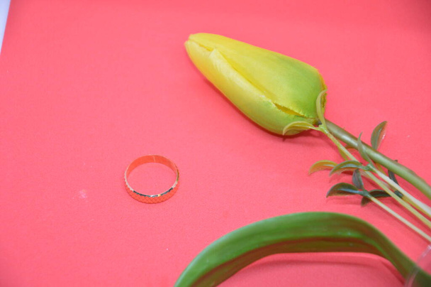 Anéis de casamento e noivado no fundo de um tema de férias em família - Foto, Imagem