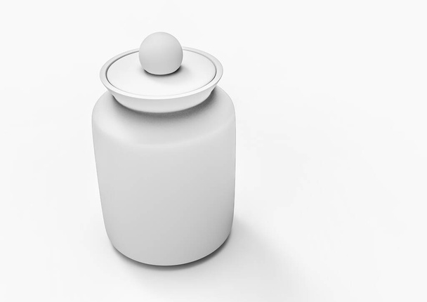 Small glass bottle with lid isolated on a light background, 3d rendering illustration. - 写真・画像