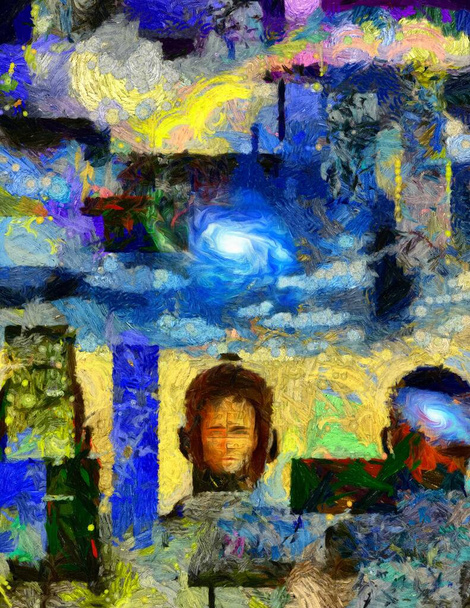 Surreal painting. Men's heads with different thoughts inside. Field of wheat and blue sky with galaxy. Geometric elements. Brush strokes. - Fotografie, Obrázek