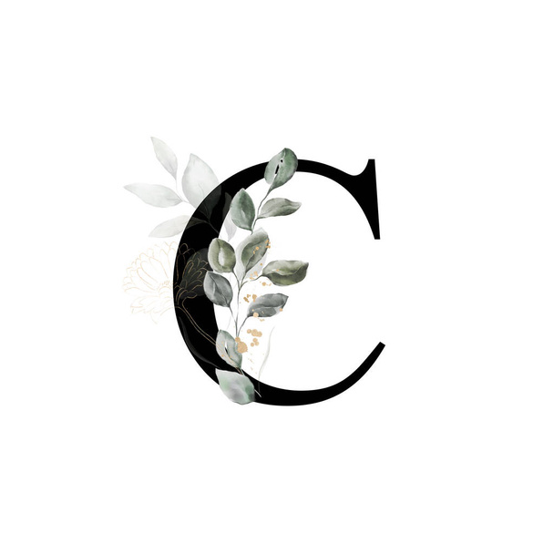 Letra C mayúscula decorada con flor dorada y hojas. Letra del alfabeto inglés con decoración floral. Follaje verde. - Foto, imagen