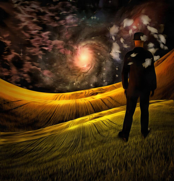 Surreal painting. Businessman stands in the field. Little clouds around his head. Bright galaxy at the horizon. - Fotografie, Obrázek