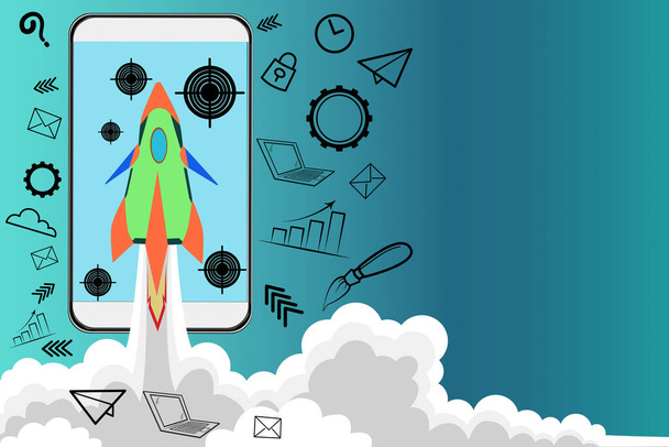 Rocket and phone illustration with creative ideas  origin and goal of communication technology - Photo, Image