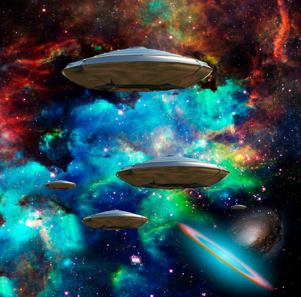 Flying saucers in colorful universe. - Photo, image