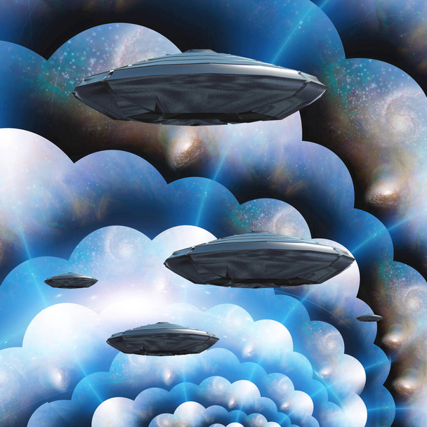 Flying saucers in multi-layered spaces. 3D rendering - Zdjęcie, obraz