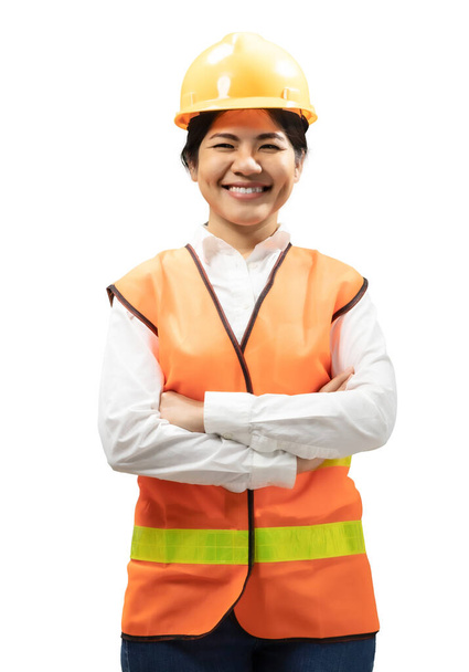 Ingeniero asiático o técnico usa casco de seguridad y chaleco reflectante - Foto, Imagen