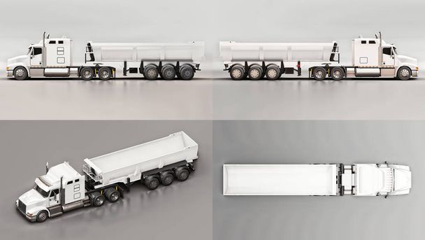 白い背景にバルク貨物を輸送するためのトレーラー型ダンプトラックを持つ大規模なアメリカのトラック。3Dイラスト - 写真・画像