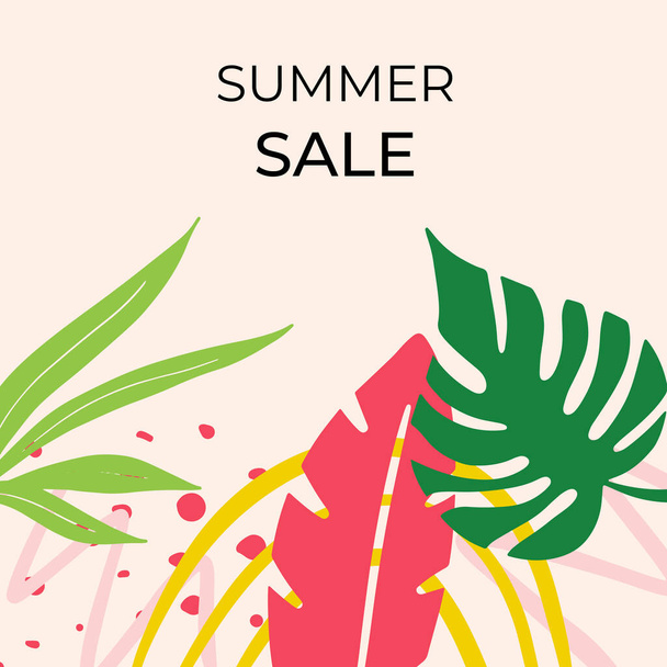 Summer sale banner design with tropical leaves background. Floral background vector. Palm leaves, monstera leaf, botanical background design for wall framed prints, wall art, invitation, poster - Διάνυσμα, εικόνα