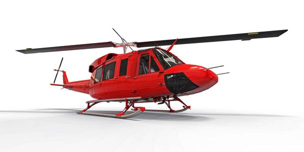 Red small military transport helicopter on white isolated background. The helicopter rescue service. Air taxi. Helicopter for police, fire, ambulance and rescue service. 3d illustration - Fotografie, Obrázek