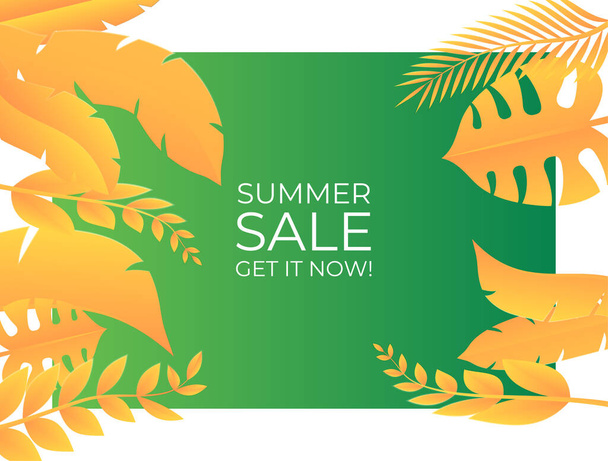 Social media post template with floral and leaves elements. Fresh green yellow summer background with palm, leaves, monstera. Vector illustration for invitation, postcard, fashion sale - Vector, Image