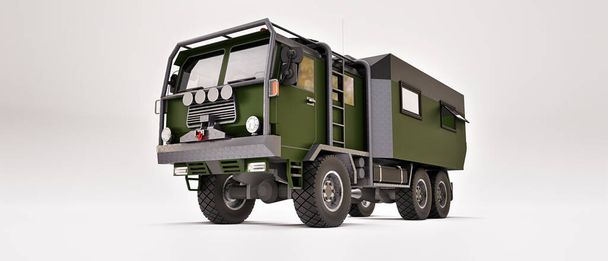 Gran camión verde preparado para largas y desafiantes expediciones en áreas remotas. Camión con una casa sobre ruedas. ilustración 3d - Foto, Imagen