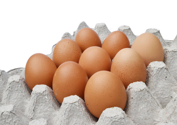 Nove ovos de galinha em bandeja de ovos em fundo branco, alimentos altamente nutritivos de aves de capoeira - Foto, Imagem