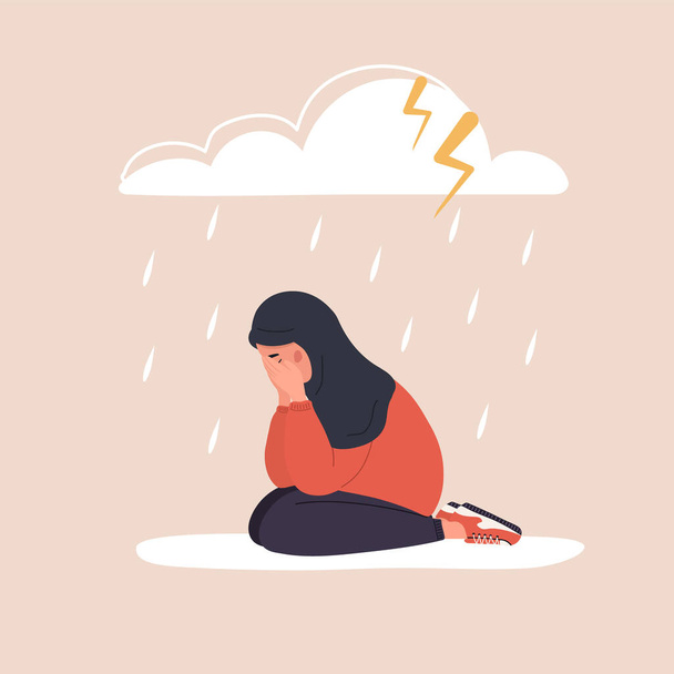 Droevige Arabische vrouw die onder een regenwolk zit. Depressieve tiener in hijab huilend. Stemmingsstoornis concept. Ongelukkig meisje heeft psychologische hulp nodig. Vector illustratie in cartoon stijl - Vector, afbeelding