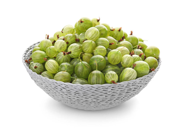 Bowl with fresh ripe gooseberry on white background - Photo, Image