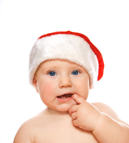 imádnivaló kisgyermek karácsonyi kalapban elszigetelt fehér background - Fotó, kép